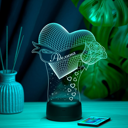 3D светильник  Светильник "Сердце с розой с именем Аделина"