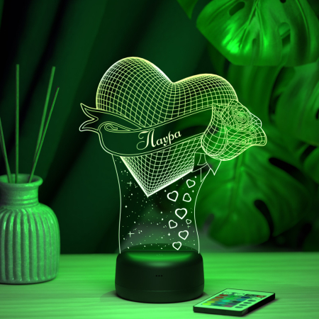 3D светильник  Светильник "Сердце с розой с именем Лаура"