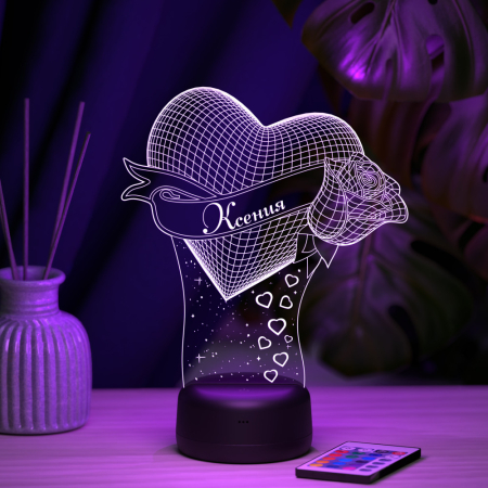 3D светильник  Светильник "Сердце с розой с именем Ксения"