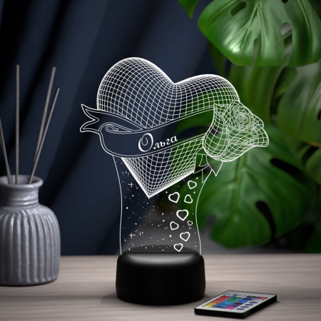 3D светильник  Светильник "Сердце с розой с именем Ольга"