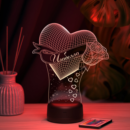 3D светильник  Светильник "Сердце с розой с именем Изабелла"