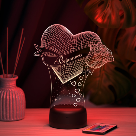 3D светильник  Светильник "Сердце с розой с именем Вероника"