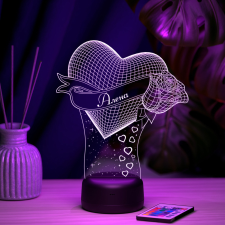 3D светильник  Светильник "Сердце с розой с именем Алена"