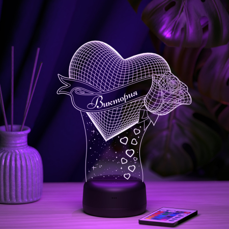 3D светильник  Светильник "Сердце с розой с именем Виктория"