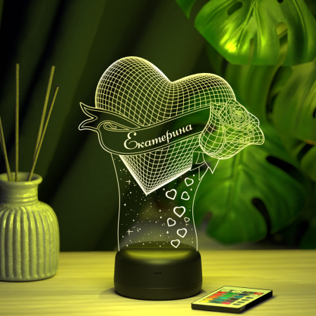 3D светильник  Светильник "Сердце с розой с именем Екатерина"