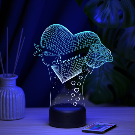 3D светильник  Светильник "Сердце с розой с именем Василина"